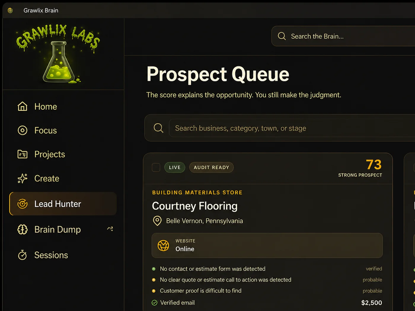 Grawlix Brain prospect queue interface
