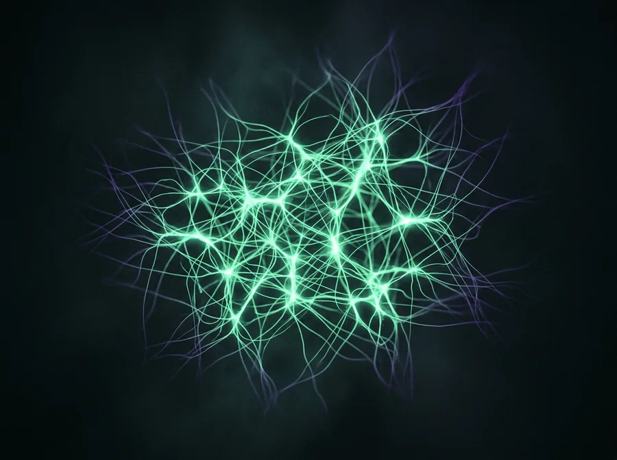 A dense lattice of green filaments, glowing brightest where the paths intersect.