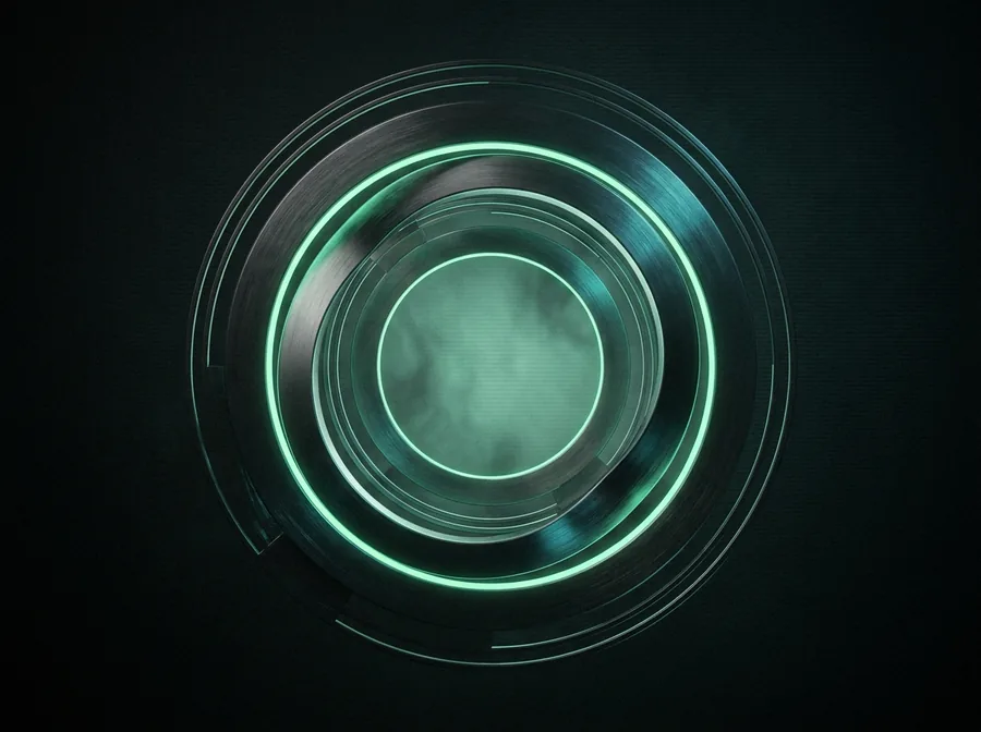 Concentric machined rings around a glowing green aperture.
