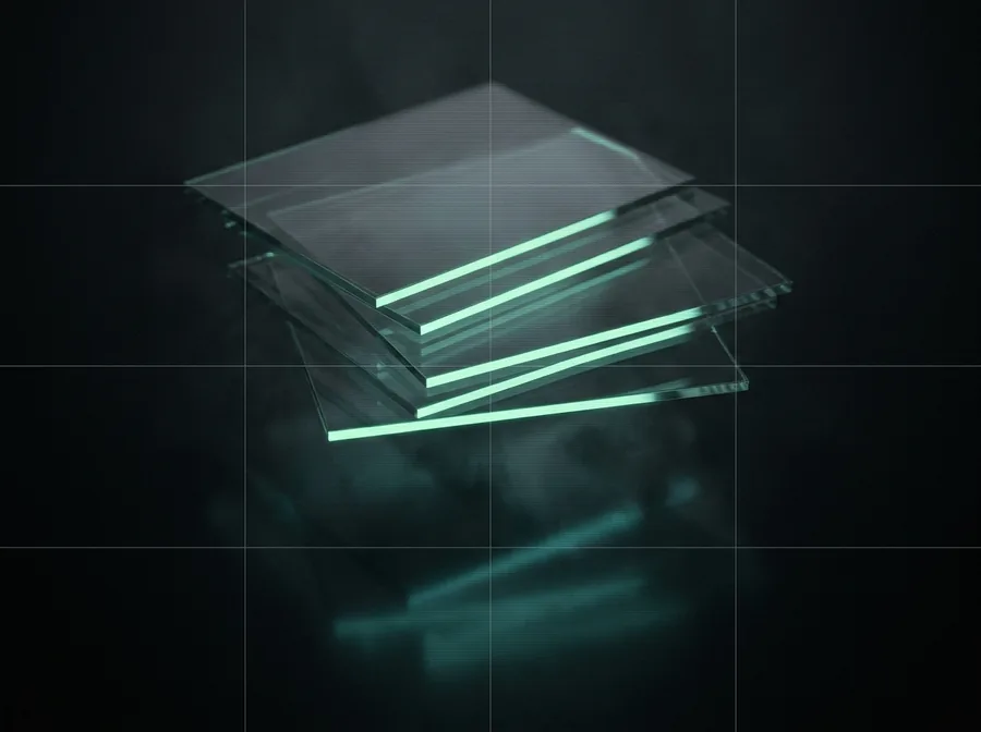 Layered panes of glass floating in darkness, their edges lit green.